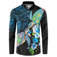 Hawaiian Couple Turtles Honi Button Sweatshirt Polynesian Art Motifs and Hibiscus Black Blue Color - Polynesian Pride