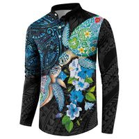 Hawaiian Couple Turtles Honi Button Sweatshirt Polynesian Art Motifs and Hibiscus Black Blue Color - Polynesian Pride