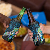 Hawaiian Couple Turtles Honi 4 in 1 Can Cooler Tumbler Polynesian Art Motifs and Hibiscus Black Blue Color - Polynesian Pride