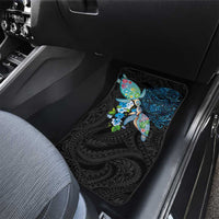 Hawaiian Couple Turtles Honi Car Mats Polynesian Art Motifs and Hibiscus Black Blue Color - Polynesian Pride