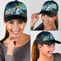 Hawaiian Couple Turtles Honi Classic Cap Polynesian Art Motifs and Hibiscus Black Blue Color - Polynesian Pride