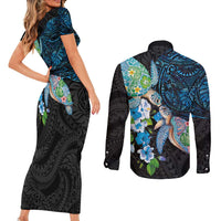 Hawaiian Couple Turtles Honi Couples Matching Short Sleeve Bodycon Dress and Long Sleeve Button Shirt Polynesian Art Motifs and Hibiscus Black Blue Color - Polynesian Pride