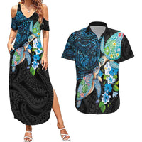 Hawaiian Couple Turtles Honi Couples Matching Summer Maxi Dress and Hawaiian Shirt Polynesian Art Motifs and Hibiscus Black Blue Color - Polynesian Pride