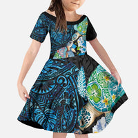 Hawaiian Couple Turtles Honi Family Matching Long Sleeve Bodycon Dress and Hawaiian Shirt Polynesian Art Motifs and Hibiscus Black Blue Color - Polynesian Pride