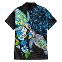 Hawaiian Couple Turtles Honi Family Matching Mermaid Dress and Hawaiian Shirt Polynesian Art Motifs and Hibiscus Black Blue Color - Polynesian Pride