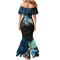 Hawaiian Couple Turtles Honi Family Matching Mermaid Dress and Hawaiian Shirt Polynesian Art Motifs and Hibiscus Black Blue Color - Polynesian Pride