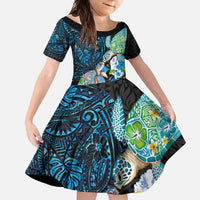 Hawaiian Couple Turtles Honi Family Matching Off Shoulder Maxi Dress and Hawaiian Shirt Polynesian Art Motifs and Hibiscus Black Blue Color - Polynesian Pride