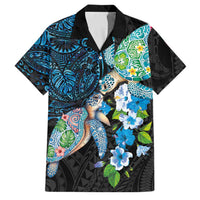 Hawaiian Couple Turtles Honi Family Matching Off Shoulder Maxi Dress and Hawaiian Shirt Polynesian Art Motifs and Hibiscus Black Blue Color - Polynesian Pride