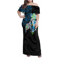 Hawaiian Couple Turtles Honi Family Matching Off Shoulder Maxi Dress and Hawaiian Shirt Polynesian Art Motifs and Hibiscus Black Blue Color - Polynesian Pride