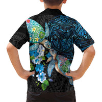 Hawaiian Couple Turtles Honi Family Matching Off Shoulder Short Dress and Hawaiian Shirt Polynesian Art Motifs and Hibiscus Black Blue Color - Polynesian Pride