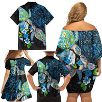 Hawaiian Couple Turtles Honi Family Matching Off Shoulder Short Dress and Hawaiian Shirt Polynesian Art Motifs and Hibiscus Black Blue Color - Polynesian Pride