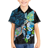 Hawaiian Couple Turtles Honi Family Matching Off Shoulder Short Dress and Hawaiian Shirt Polynesian Art Motifs and Hibiscus Black Blue Color - Polynesian Pride
