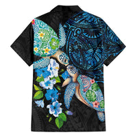 Hawaiian Couple Turtles Honi Family Matching Puletasi and Hawaiian Shirt Polynesian Art Motifs and Hibiscus Black Blue Color - Polynesian Pride