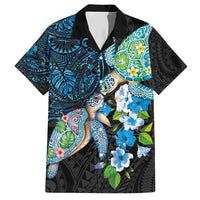Hawaiian Couple Turtles Honi Family Matching Short Sleeve Bodycon Dress and Hawaiian Shirt Polynesian Art Motifs and Hibiscus Black Blue Color - Polynesian Pride