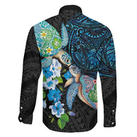 Hawaiian Couple Turtles Honi Family Matching Short Sleeve Bodycon Dress and Hawaiian Shirt Polynesian Art Motifs and Hibiscus Black Blue Color - Polynesian Pride