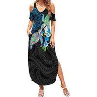 Hawaiian Couple Turtles Honi Family Matching Summer Maxi Dress and Hawaiian Shirt Polynesian Art Motifs and Hibiscus Black Blue Color - Polynesian Pride