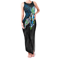 Hawaiian Couple Turtles Honi Family Matching Tank Maxi Dress and Hawaiian Shirt Polynesian Art Motifs and Hibiscus Black Blue Color - Polynesian Pride