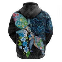 Hawaiian Couple Turtles Honi Hoodie Polynesian Art Motifs and Hibiscus Black Blue Color - Polynesian Pride