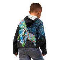 Hawaiian Couple Turtles Honi Kid Hoodie Polynesian Art Motifs and Hibiscus Black Blue Color - Polynesian Pride