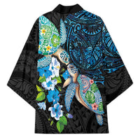 Hawaiian Couple Turtles Honi Kimono Polynesian Art Motifs and Hibiscus Black Blue Color - Polynesian Pride