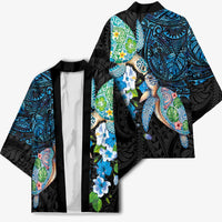 Hawaiian Couple Turtles Honi Kimono Polynesian Art Motifs and Hibiscus Black Blue Color - Polynesian Pride