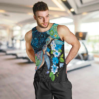 Hawaiian Couple Turtles Honi Men Tank Top Polynesian Art Motifs and Hibiscus Black Blue Color - Polynesian Pride