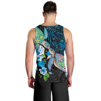 Hawaiian Couple Turtles Honi Men Tank Top Polynesian Art Motifs and Hibiscus Black Blue Color - Polynesian Pride