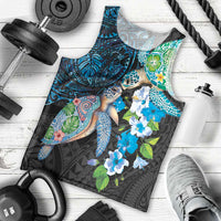 Hawaiian Couple Turtles Honi Men Tank Top Polynesian Art Motifs and Hibiscus Black Blue Color - Polynesian Pride
