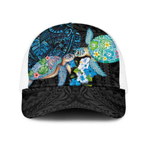 Hawaiian Couple Turtles Honi Mesh Trucker Cap Polynesian Art Motifs and Hibiscus Black Blue Color LT03 One Size White Black - Polynesian Pride