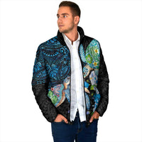 Hawaiian Couple Turtles Honi Padded Jacket Polynesian Art Motifs and Hibiscus Black Blue Color - Polynesian Pride