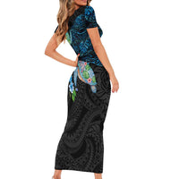 Hawaiian Couple Turtles Honi Short Sleeve Bodycon Dress Polynesian Art Motifs and Hibiscus Black Blue Color - Polynesian Pride