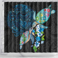 Hawaiian Couple Turtles Honi Shower Curtain Polynesian Art Motifs and Hibiscus Black Blue Color - Polynesian Pride