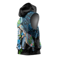 Hawaiian Couple Turtles Honi Sleeveless Hoodie Polynesian Art Motifs and Hibiscus Black Blue Color - Polynesian Pride
