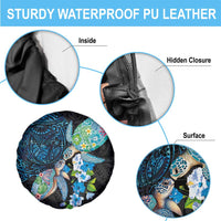 Hawaiian Couple Turtles Honi Spare Tire Cover Polynesian Art Motifs and Hibiscus Black Blue Color - Polynesian Pride