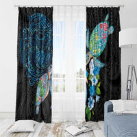 Hawaiian Couple Turtles Honi Window Curtain Polynesian Art Motifs and Hibiscus Black Blue Color - Polynesian Pride