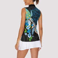 Hawaiian Couple Turtles Honi Women Sleeveless Polo Shirt Polynesian Art Motifs and Hibiscus Black Blue Color - Polynesian Pride