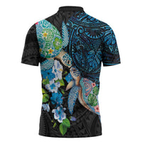 Hawaiian Couple Turtles Honi Zipper Polo Shirt Polynesian Art Motifs and Hibiscus Black Blue Color - Polynesian Pride