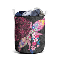 Hawaiian Couple Turtles Honi Laundry Basket Polynesian Art Motifs and Hibiscus Black Red Color - Polynesian Pride