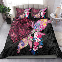 Hawaiian Couple Turtles Honi Bedding Set Polynesian Art Motifs and Hibiscus Black Red Color - Polynesian Pride