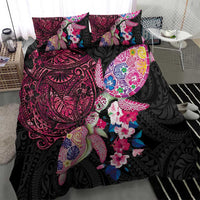 Hawaiian Couple Turtles Honi Bedding Set Polynesian Art Motifs and Hibiscus Black Red Color - Polynesian Pride