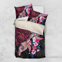 Hawaiian Couple Turtles Honi Bedding Set Polynesian Art Motifs and Hibiscus Black Red Color - Polynesian Pride