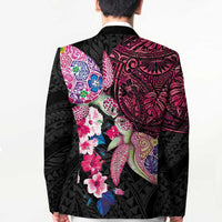Hawaiian Couple Turtles Honi Blazer Polynesian Art Motifs and Hibiscus Black Red Color - Polynesian Pride