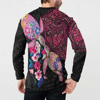 Hawaiian Couple Turtles Honi Button Sweatshirt Polynesian Art Motifs and Hibiscus Black Red Color - Polynesian Pride