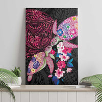 Hawaiian Couple Turtles Honi Canvas Wall Art Polynesian Art Motifs and Hibiscus Black Red Color - Polynesian Pride