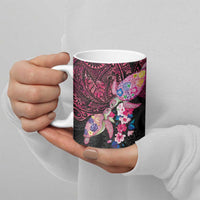 Hawaiian Couple Turtles Honi Ceramic Mug Polynesian Art Motifs and Hibiscus Black Red Color - Polynesian Pride