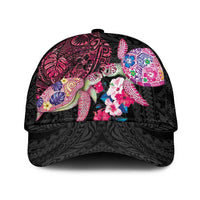 Hawaiian Couple Turtles Honi Classic Cap Polynesian Art Motifs and Hibiscus Black Red Color - Polynesian Pride