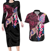 Hawaiian Couple Turtles Honi Couples Matching Long Sleeve Bodycon Dress and Hawaiian Shirt Polynesian Art Motifs and Hibiscus Black Red Color - Polynesian Pride