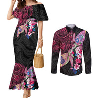 Hawaiian Couple Turtles Honi Couples Matching Mermaid Dress and Long Sleeve Button Shirt Polynesian Art Motifs and Hibiscus Black Red Color - Polynesian Pride
