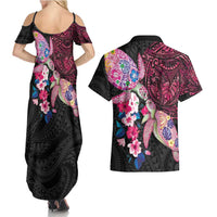 Hawaiian Couple Turtles Honi Couples Matching Summer Maxi Dress and Hawaiian Shirt Polynesian Art Motifs and Hibiscus Black Red Color - Polynesian Pride