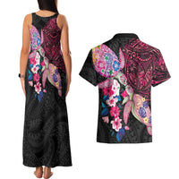 Hawaiian Couple Turtles Honi Couples Matching Tank Maxi Dress and Hawaiian Shirt Polynesian Art Motifs and Hibiscus Black Red Color - Polynesian Pride